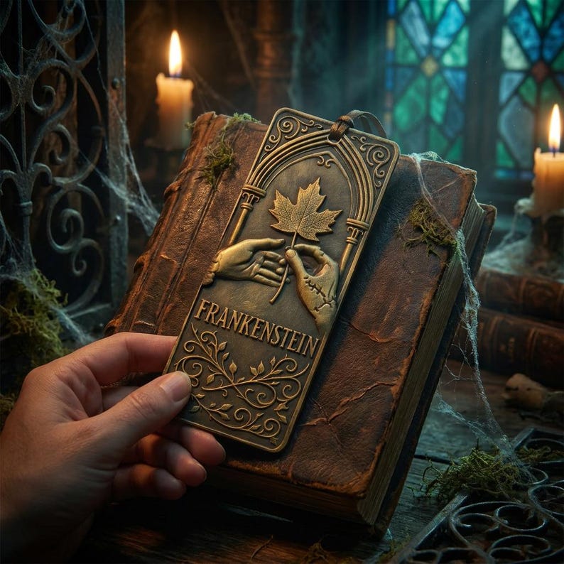 May include: A bronze metal bookmark with the word "FRANKENSTEIN" and a maple leaf design. The bookmark is held over a stack of old books. The background includes candles, cobwebs, and a stained-glass window.