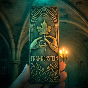 Può includere: Targa rettangolare color bronzo con la scritta "FRANKENSTEIN" in lettere bianche. La targa presenta un rilievo di due mani che tengono una foglia d'acero. Una mano ha delle cuciture. Elementi floreali decorativi e dettagli architettonici incorniciano il disegno.