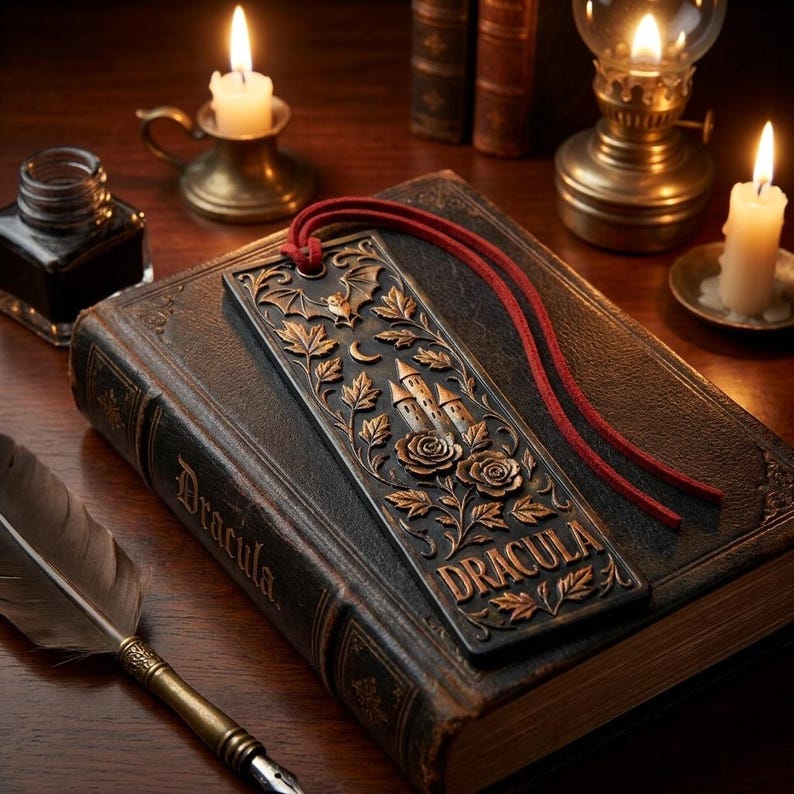 May include: A detailed metal bookmark with a red cord, featuring a castle, roses, and a bat design. The word "DRACULA" is inscribed on the bookmark, which rests on a vintage book. Candles and an oil lamp provide warm lighting.