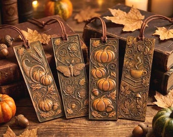 Autumn Bookmark Set – Gothic Pumpkins, Moth, Coffee, Books | Autumn Dark Academia Gift for Readers