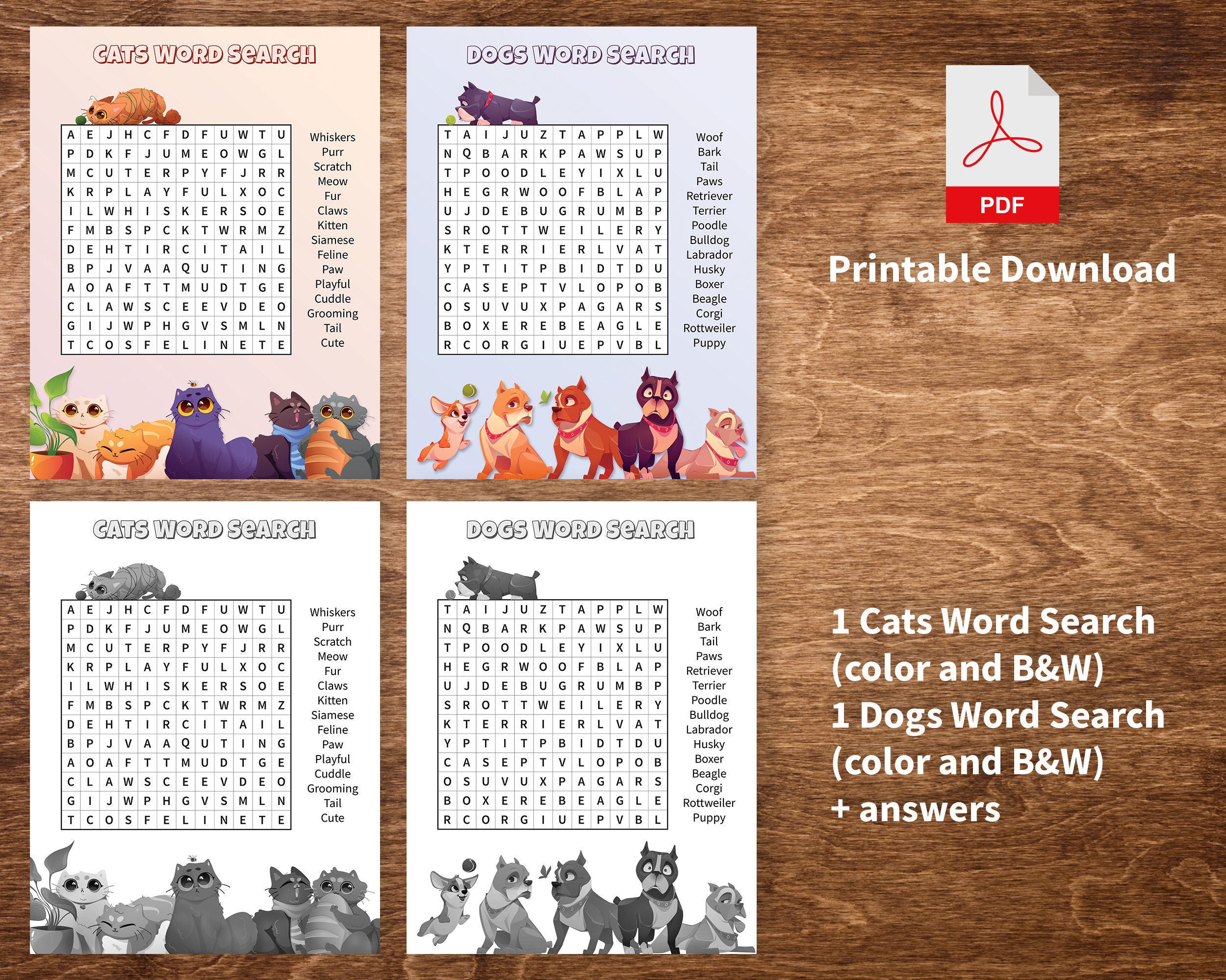 Cats Word Search And Dog Word Search Answers Included Word Etsy