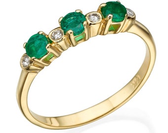 Solid 14k Natural Emerald and diamond stackable ring