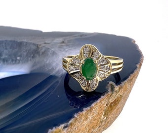 solid 14k Yellow Gold natural Emerald and Diamond Halo Ring"