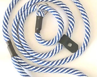 100 % Pure Cotton handcrafted 10 mm dog slip lead, fitted with a leather stopper. UK made.