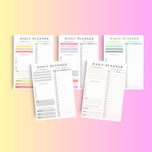 Peut inclure: Cinq pages de planificateur quotidien imprimables avec différentes palettes de couleurs. Chaque page comprend des sections pour les priorités principales, la liste des choses à faire, l'horaire quotidien et un plan de repas quotidien.