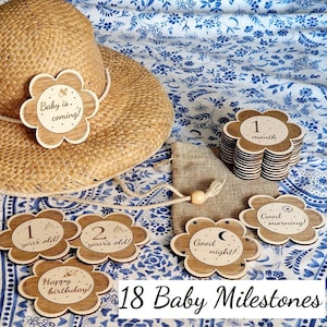Cartes en bois FLEUR 18 jalons de bébé, suivi du mois de nouveau-né, décoration de chambre d'enfant, idées de babyshower