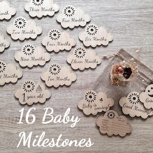 16 Baby Milestones CLOUD Wood Cards, suivi du mois du nouveau-né, décoration de chambre d'enfant, idées de babyshower