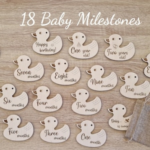 18 Baby Milestones DUCK Wood Cards, newborn maand tracker, kinderkamer decoratie, babyshower ideeën