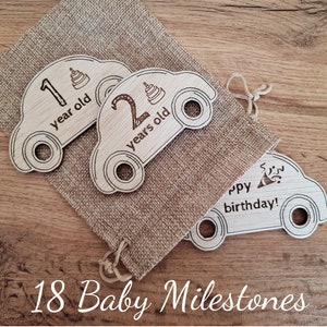 18 Baby Milestones CAR Wood Cards, suivi du mois du nouveau-né, décoration de chambre d'enfant, idées de babyshower
