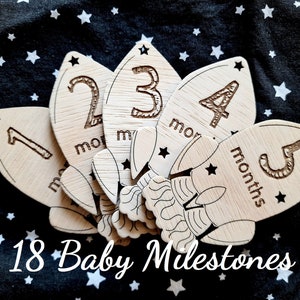 18 baby mijlpalen ROCKET Wood Cards, newborn maand tracker, kinderkamer decoratie, babyshower ideeën