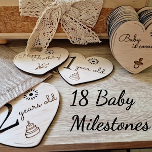 18 Baby Mijlpalen HART Houten Kaarten, Pasgeboren maand tracker, Kinderkamer decoratie, babyshower ideeën