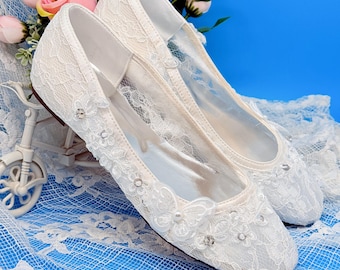 Ivory Lace Butterfly Bridal Flats, Pearl Rhinestone Wedding Flat Shoes, Soft Comfort Bride Shoes