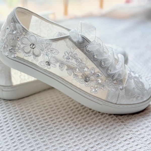 Bridal Lace Sneakers with Floral Appliqué & Rhinestones – Wedding Comfort Shoes for Bride