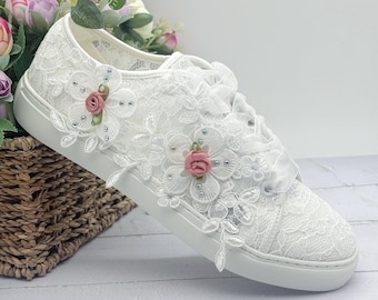 Lace Bridal Sneakers with 3D Floral Appliques Ivory Wedding Shoes for Bride Comfortable Flat Wedding Shoes