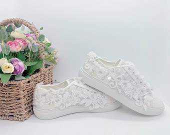 Women’s Iovry Lace Wedding Sneakers with Pearls and Sequins , Comfortable Flat Sneakers for Bride, Custom Lace Up Wedding Shoes