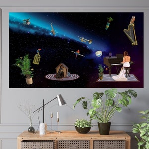 May include: A surreal art print featuring a woman playing a piano in space, surrounded by musical instruments, a doghouse, and a parrot in a cage. The background is a starry night sky with a blue nebula.