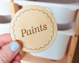 Wooden Storage Labels, Round Wooden Storage Labels, Personalised Wooden Playroom Labels, Custom Wooden Storage Tags, Ikea Trofast Labels