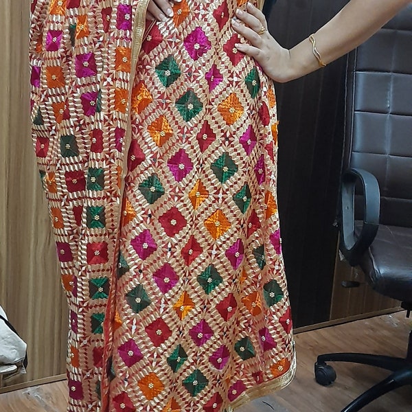Handcrafted authentic Phulkari embroidered dupatta embellished with real mirrors and beads By Allure Motifs,handmade dupatta,multicolor wrap