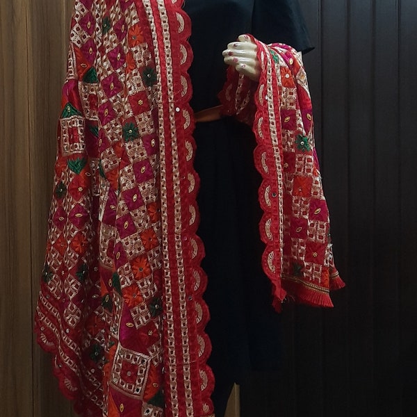 Handcrafted authentic Phulkari embroidered dupatta embellished with real mirrors and beads By Allure Motifs,handcrafted dupatta,multicolor