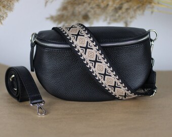 For Women, a Black Leather Belly Bag with extra Patterned Straps, Different Sizes Leather Shoulder Bag, and Crossbody Bag.