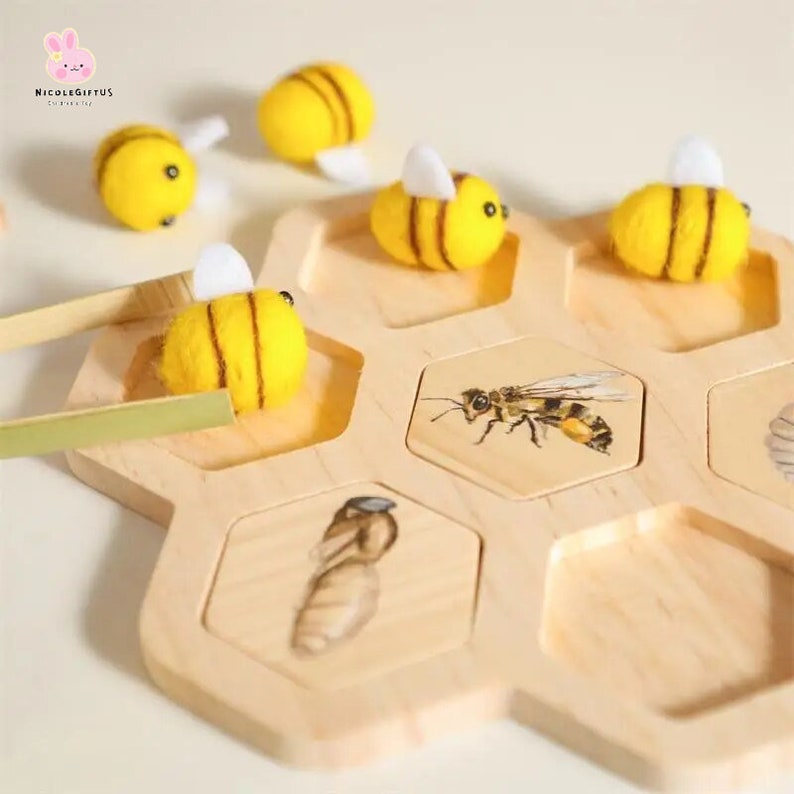 Wooden Beehive Bees Growth, Stacking Toys for Toddlers, Bee Toy, Montessori Toys for Kid, Fine