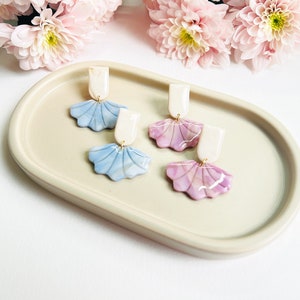 Polymer clay earring | Elle | Statement art deco pastel dangle, shell white blue lilac marbled handmade jewelry, summer accessory cute gift