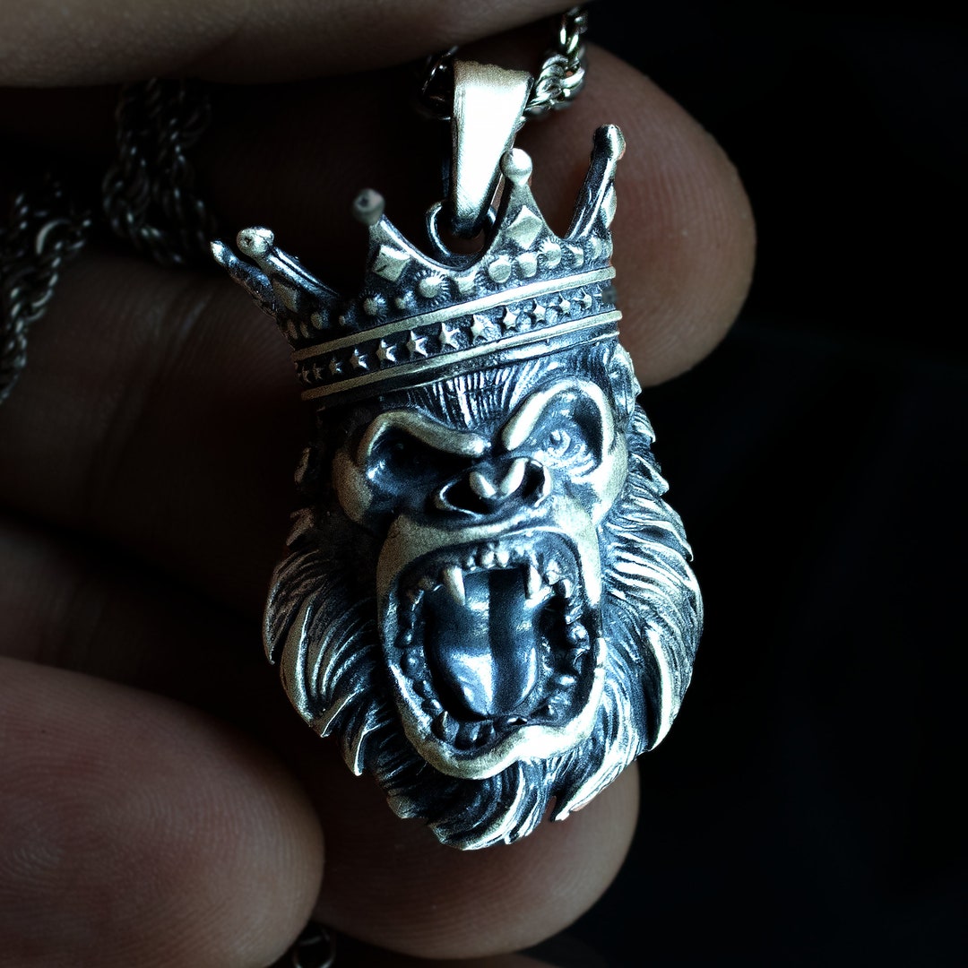 Sterling Silver Gorilla Head Necklace King Crowned Gorilla Etsy