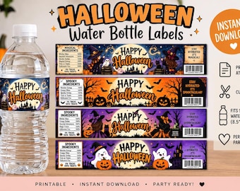 May include: A clear plastic water bottle with a label featuring the text Happy Halloween, a full moon, and spooky graphics. Beside it are four rectangular printable label designs in orange and purple, each displaying Halloween-themed illustrations.