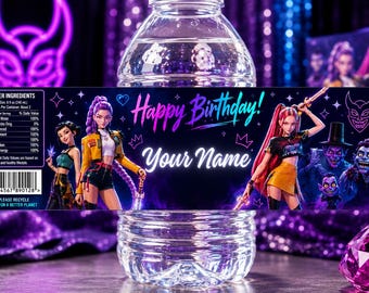 May include: A clear plastic water bottle with a custom label featuring animated characters, the text Happy Birthday and Your Name, a nutrition facts panel, a barcode, and a recycling symbol against a dark purple background with neon accents.