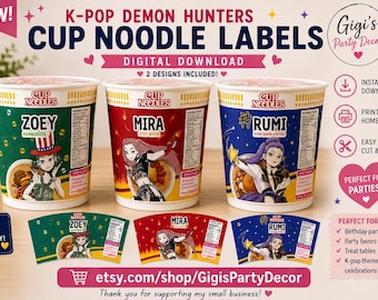 May include: Three cup noodle labels featuring anime-style characters Zoey, Mira, and Rumi. The labels include text such as K-POP DEMON HUNTERS, CUP NOODLE LABELS, and 2 DESIGNS INCLUDED. The designs are green, red, and blue with character illustrations.
