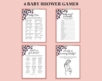 Pink Leopard Print Baby Shower Games | Modern Baby Shower Games | Minimalist Baby Shower Game | Baby Shower Games Bundle | Games Printable