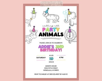 Party Animals Birthday Invitation | Safari Wild Animals | Zoo | Boy | Girl | Digital Personalized Printable Invitation | Download and Print