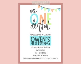 Mr Onederful Birthday Invitation | First Birthday | Boy | Digital Personalized Printable Invitation | Download and Print