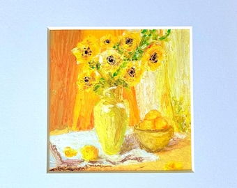 Original oil pastel painting, wall art decor, personalised gift idea, birthday gift, luxury home decor, poppies, flowers, yellow painting