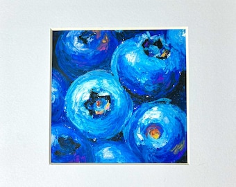 Original oil pastel painting, wall art decor, personalised gift idea, birthday gift, luxury home decor, blueberries, fruit art blue painting