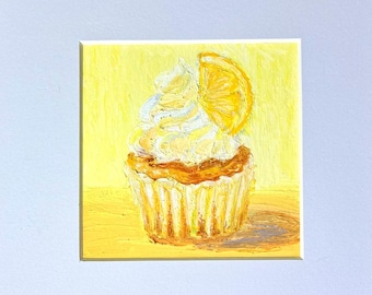Original oil pastel painting, wall art decor, personalised gift idea, birthday gift, luxury home decor, Cupcake, yellow cake, muffin, sweets