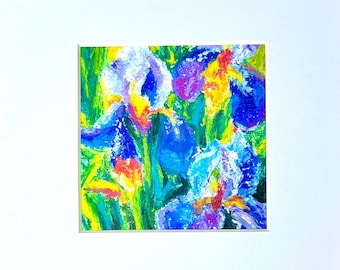Oryginalny obraz olejny pastelowy, dekoracja ścienna, pomysł na spersonalizowany prezent, prezent urodzinowy, luksusowy wystrój domu, irysy, malarstwo kwiatowe, sztuka niebieska