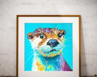 Original oil pastel painting, wall art decor, personalised gift idea, birthday gift, luxury home decor, cute otter, animal art, blue artwork