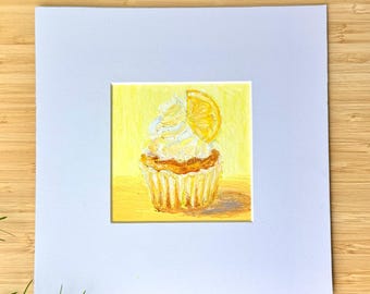 Original oil pastel painting, wall art decor, personalised gift idea, birthday gift, luxury home decor, Cupcake, yellow cake, muffin, sweets