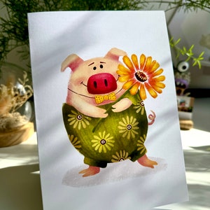 Biglietto di auguri originale, biglietto divertente, biglietto illustrato, regalo di benvenuto, stampa artistica, biglietto di compleanno, idea regalo, biglietto d'arte con animali, biglietto carino, maialino