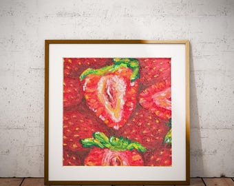 Origineel olieverfschilderij met pastelkrijt, wanddecoratie, gepersonaliseerd cadeau-idee, verjaardagscadeau, luxe woondecoratie, aardbeien, fruitkunst, rood schilderij