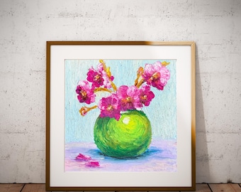 Original oil pastel painting, wall art decor, personalised gift idea, birthday gift, luxury home decor, orchid, pink flowers, nursery decor