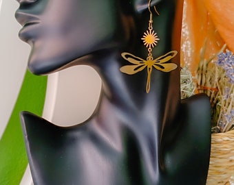 Golden dragonfly earrings, silver sun earrings, boho earrings, brass earrings, celestial jewelry.