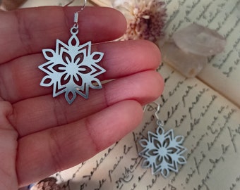 Silver snowflake earrings, icy star earring, stainless steel earrings, snow queen jewelry