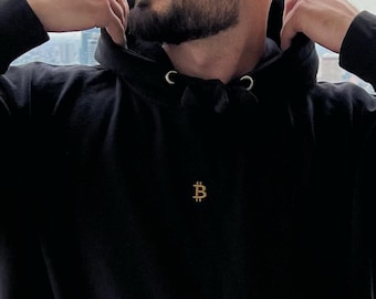 The premium Bitcoin hoodie with embroidered gold logo on the front makes a strong fashion statement. Btc hoodie /bitcoin gift idea.
