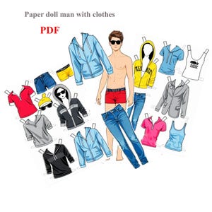 Może przedstawiać: Papierowa lalka z różnymi opcjami odzieży, w tym bluzami z kapturem, dżinsami, szortami i koszulami. Obraz zawiera tekst "Paper doll man with clothes" i "PDF". Ubrania są w różnych kolorach, takich jak niebieski, żółty, szary i czerwony.