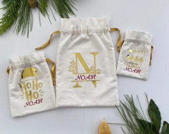 Bolsa navideña personalizada con cordón ajustable – Saco de regalo de algodón de doble capa color crema