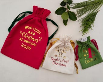Bolsa de regalo personalizada para la primera Navidad – Bolsa de algodón hecha a mano – Bolsa de recuerdo navideña personalizada