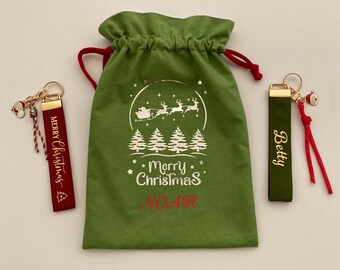 Bolsa de regalo navideña verde personalizada – Saco de Papá Noel con nombre personalizado – Bolsa de regalo de tela reutilizable