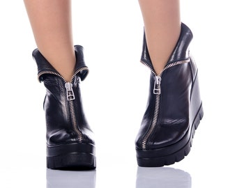 Black genuine leather boots/woman genuine leather boots/Genuine leather platform boots,Must have wedges,Genuine leather wedges